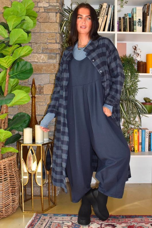 Nora Brushed Cotton Gingham Frock Coat Navy